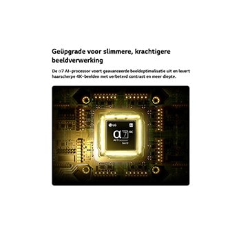 Een Alpha 7 AI Processor 4K Gen9 van de LG QNED AI QNED70 Mini LED straalt in het midden van een gele printplaat en benadrukt de slimmere, krachtigere AI-verwerking die de helderheid van 4K-beelden verbetert met een beter contrast en meer diepte.